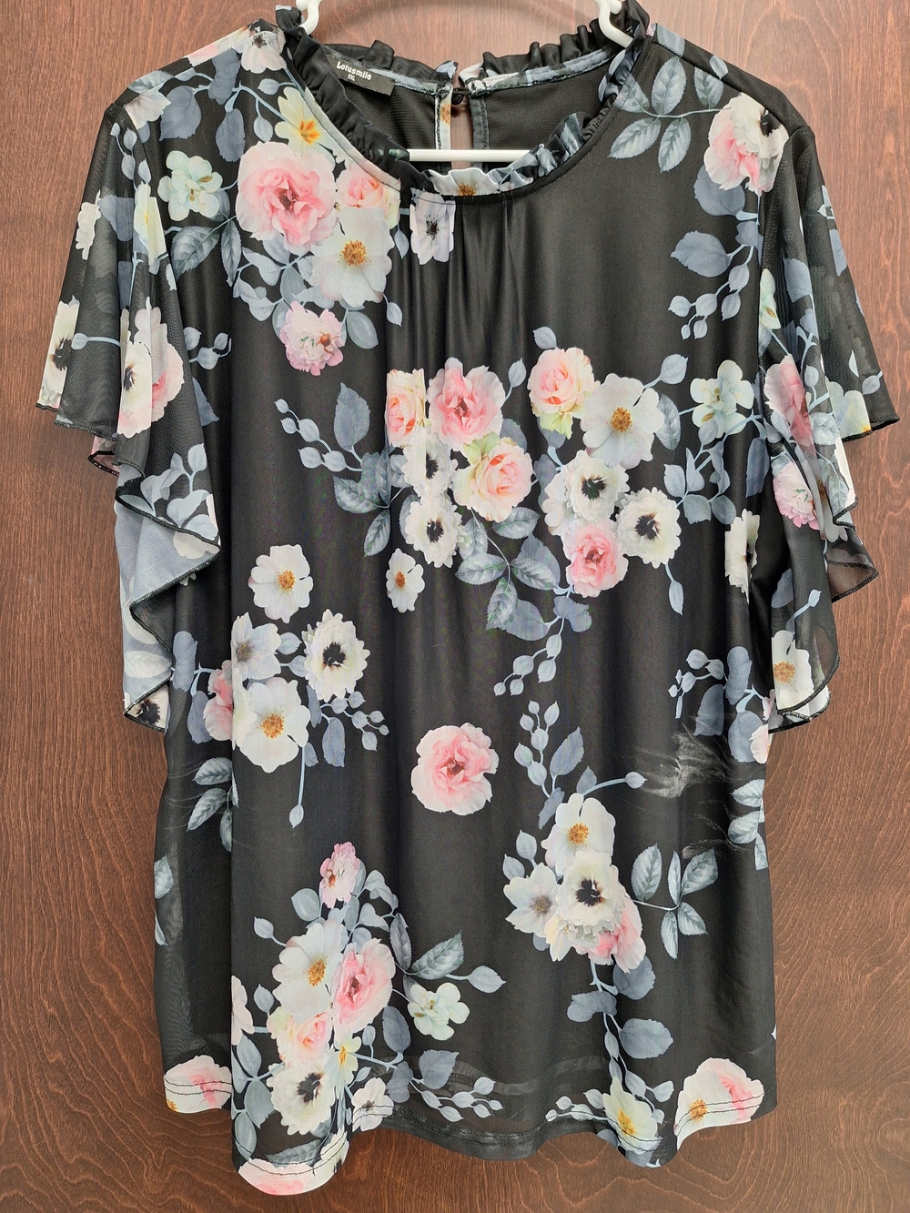 Floral Ruffle-Sleeve Blouse in Black with Pink & White Blooms